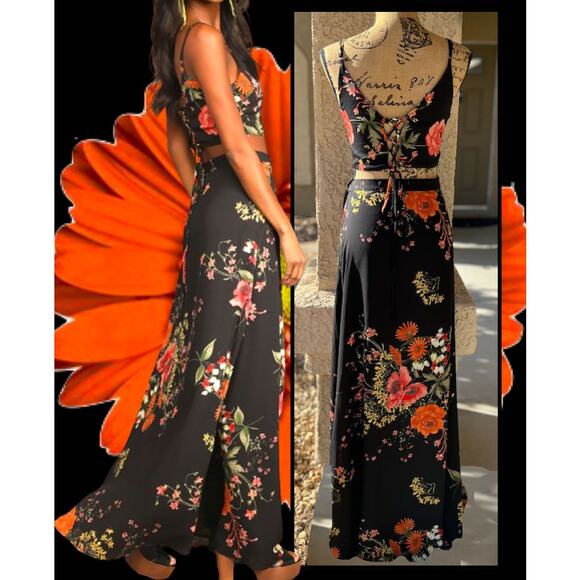Lulus Bloom With a View Black Floral Print Two-Piece Maxi Dress Size XL - Picture 3 of 14